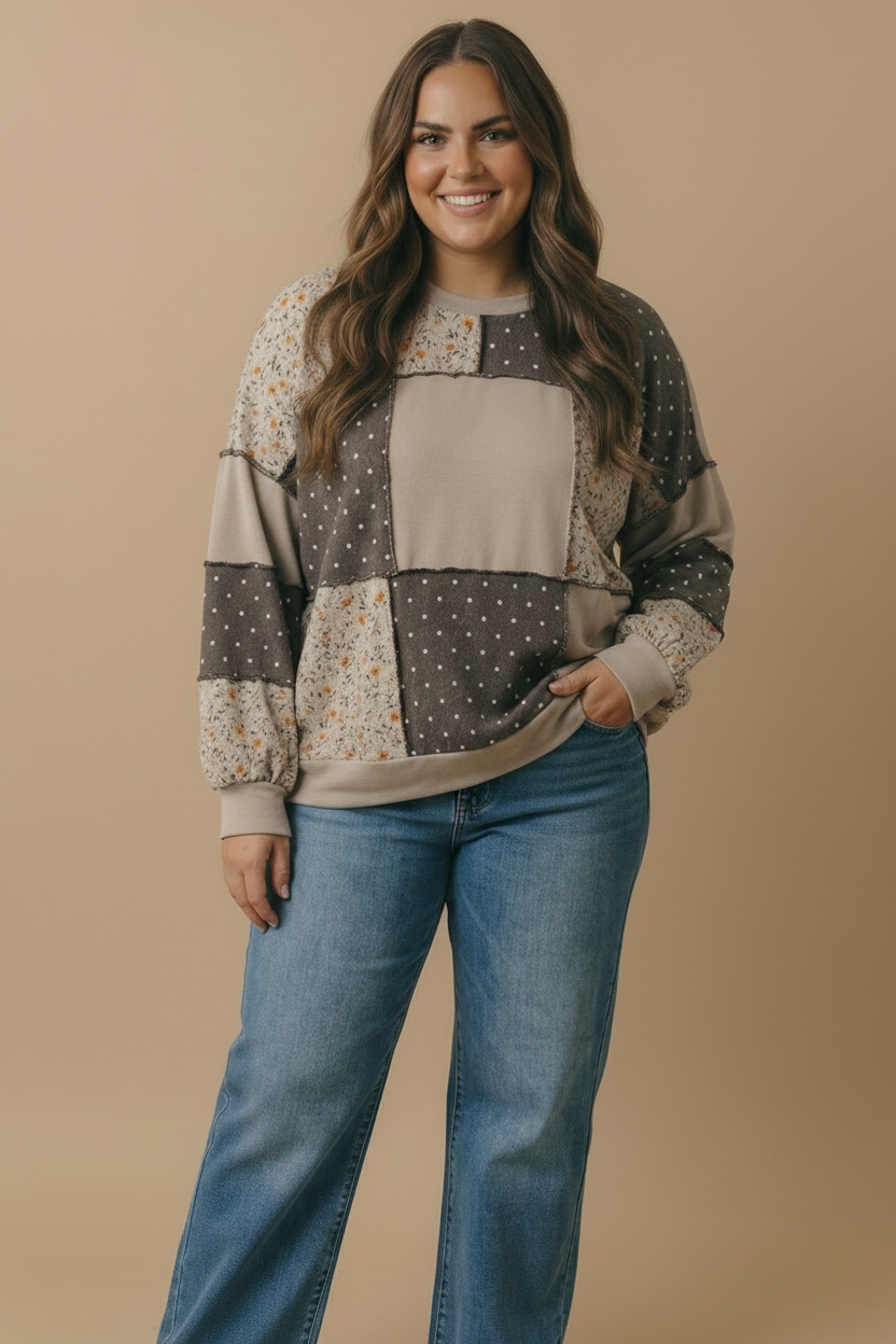 Plus Round Neck Mixed Print Patchwork Pullover