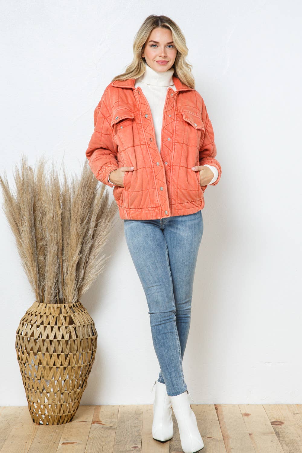Garment Stone Washed Quilted Pocket Front Jacket