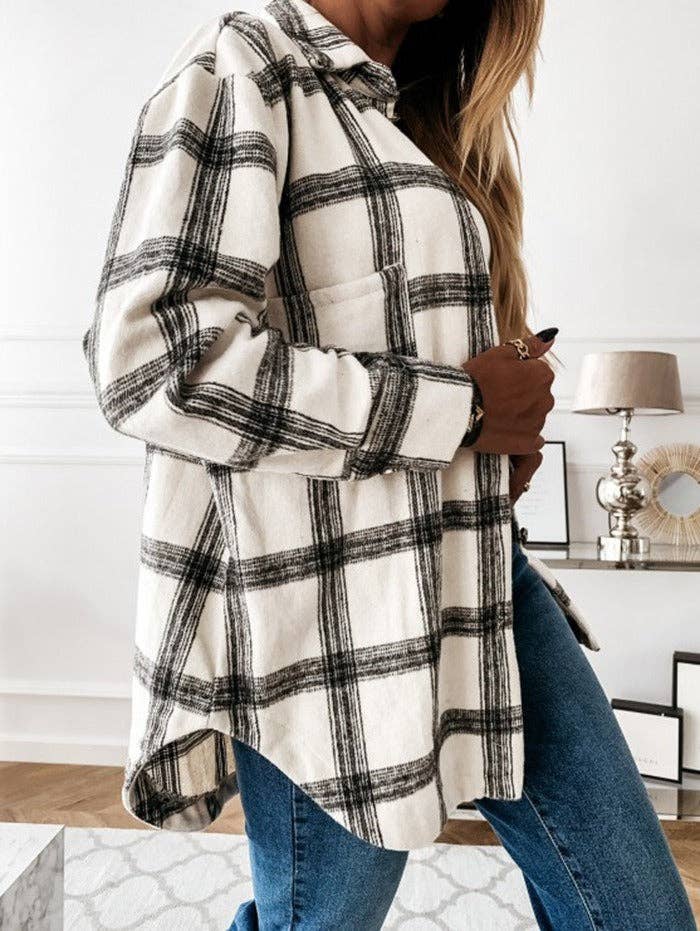 Plaid Wool Blend Shirt Jacket - Oversized Button Down Coat
