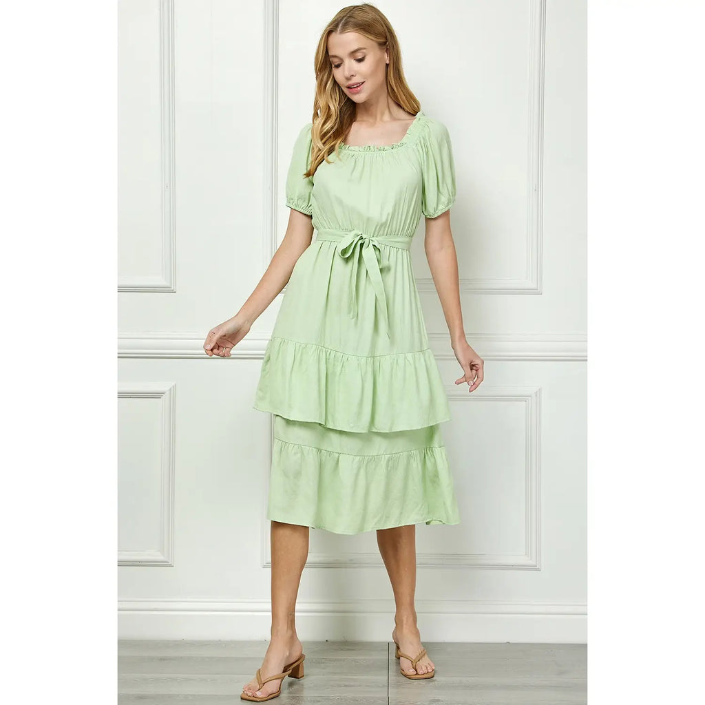 LINEN DOUBLE TIER PUFF SLEEV DRESS