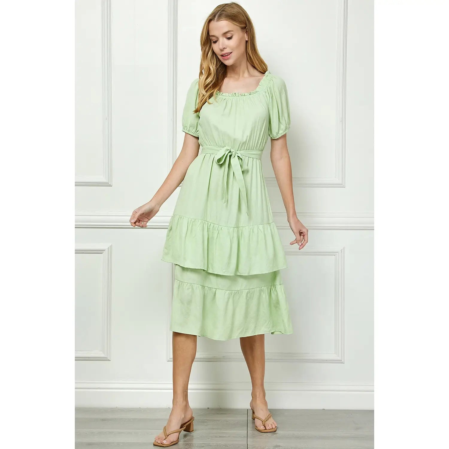 LINEN DOUBLE TIER PUFF SLEEV DRESS