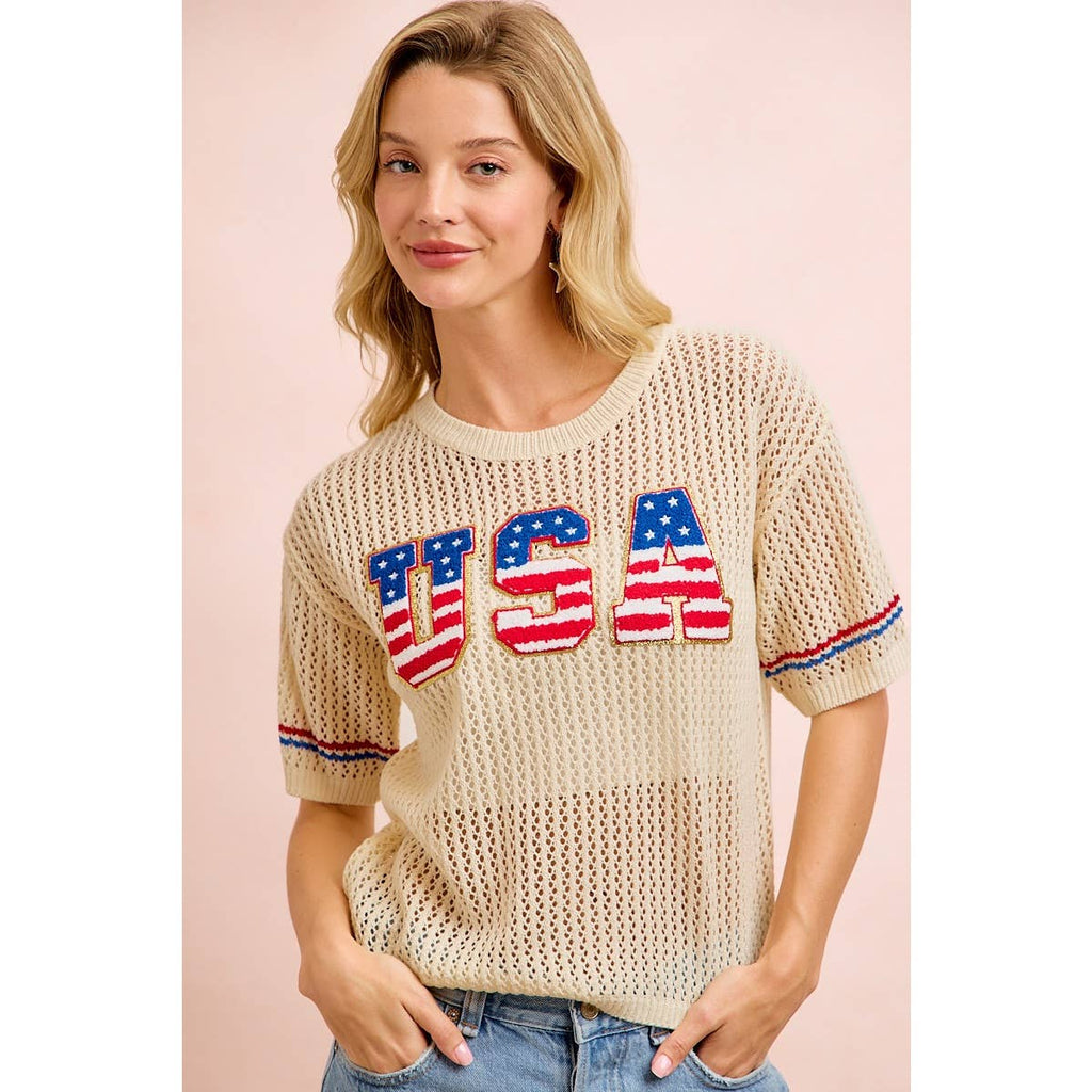 4TH OF JULY USA LETTERING PATHCH OPEN KNIT TOP