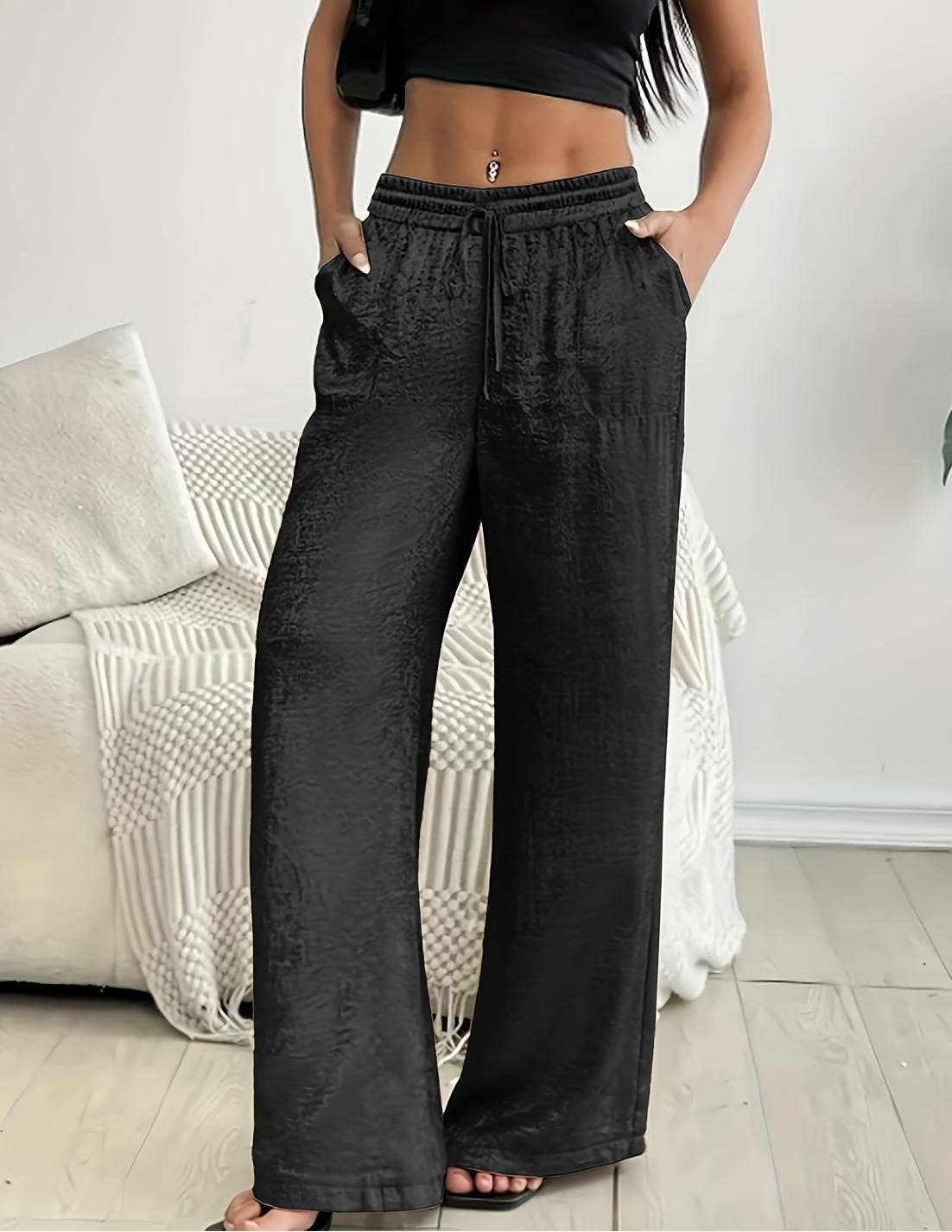 Elastic-waist stamping bronzing wide-leg pants