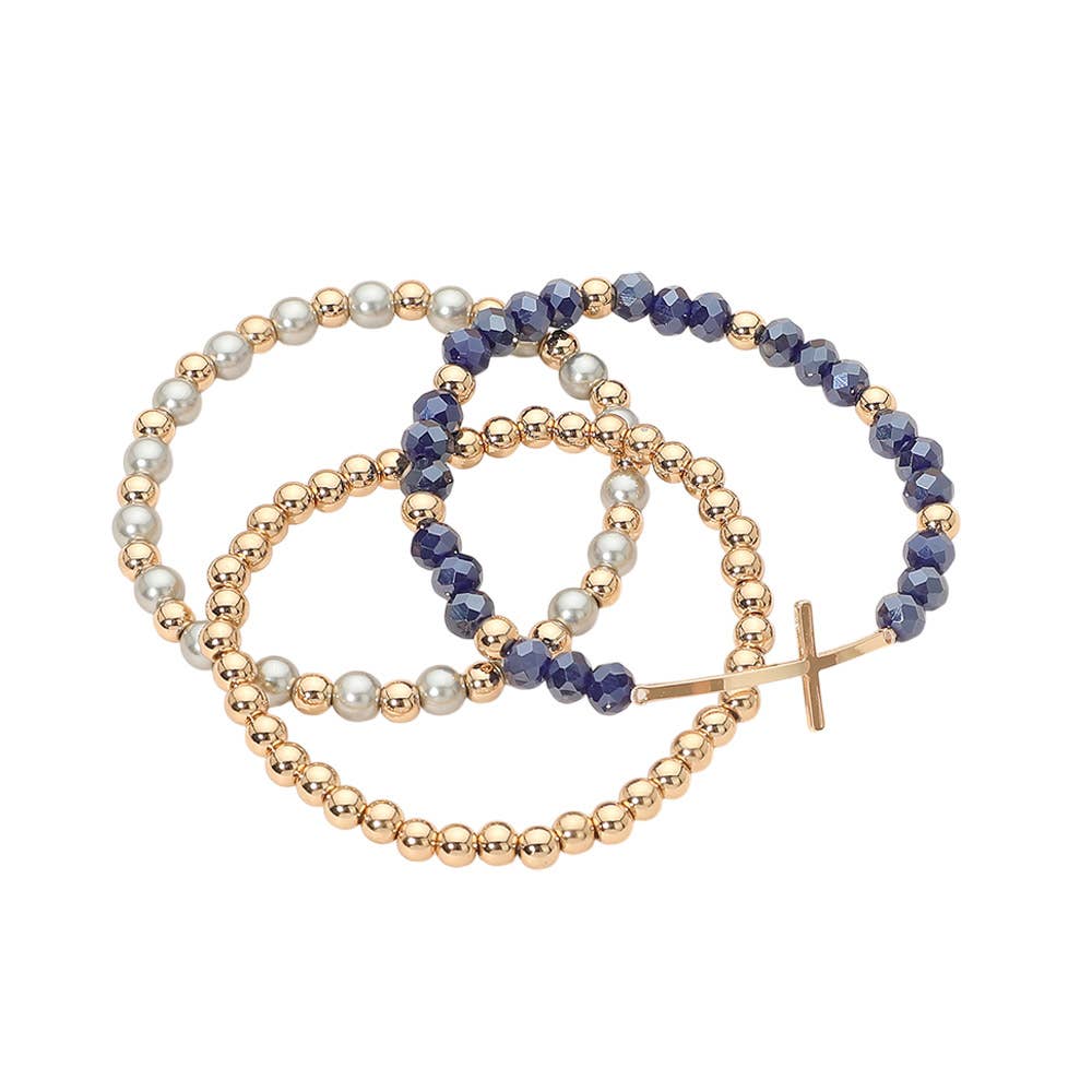 3PCS - Cross Charm Pearl Metal Ball Faceted Beaded Stretch Multi Layered Bracelets