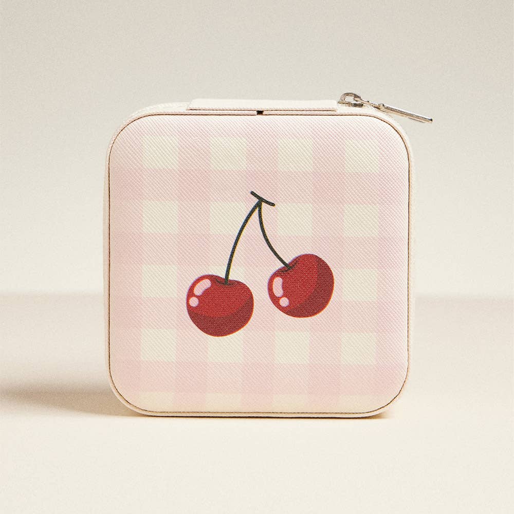 Cherry and Checker Pattern Portable Square Jewelry Box