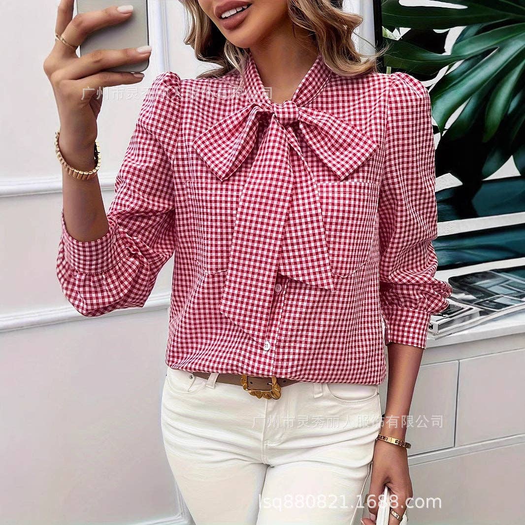 Women Long Sleeve Loose Fit Plaid Casual Blouse Shirt