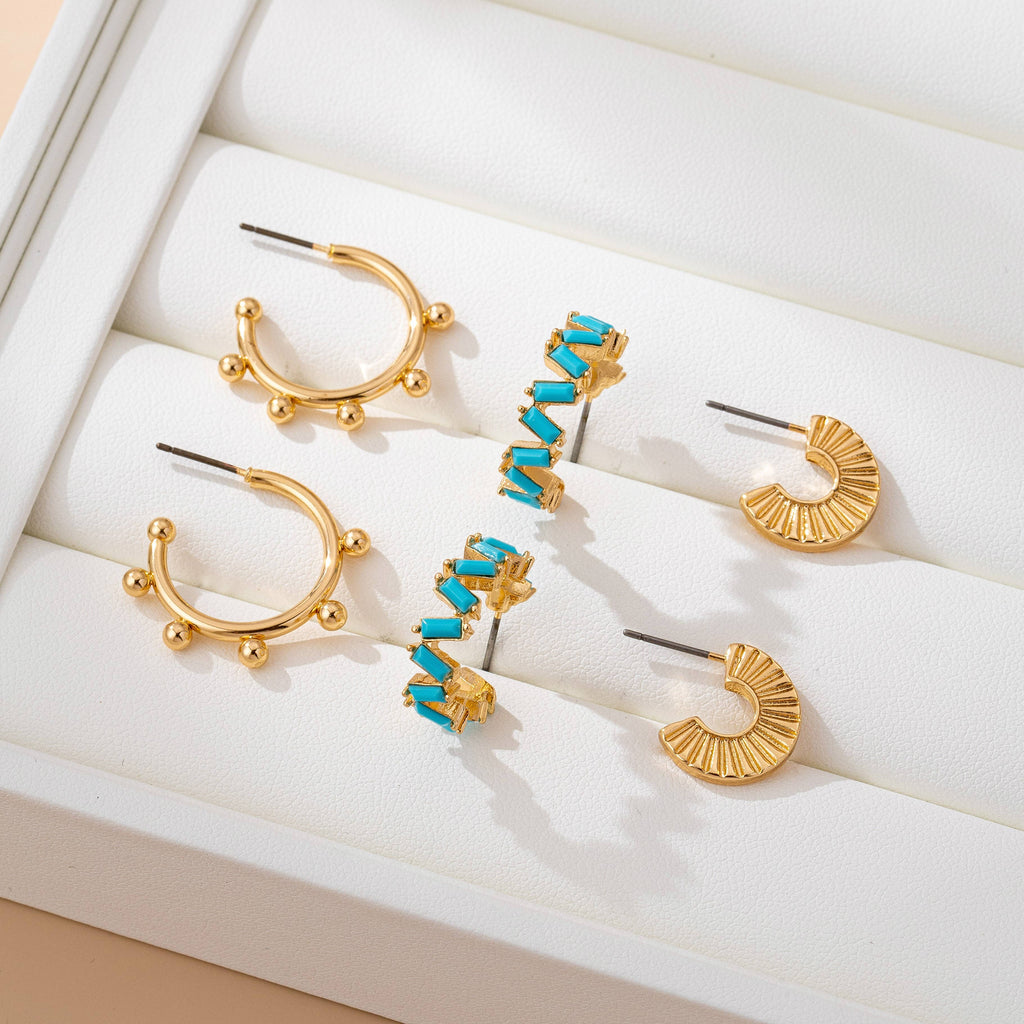 Gold Western inspired turquoise Enamel Hoop Trio Earring Set