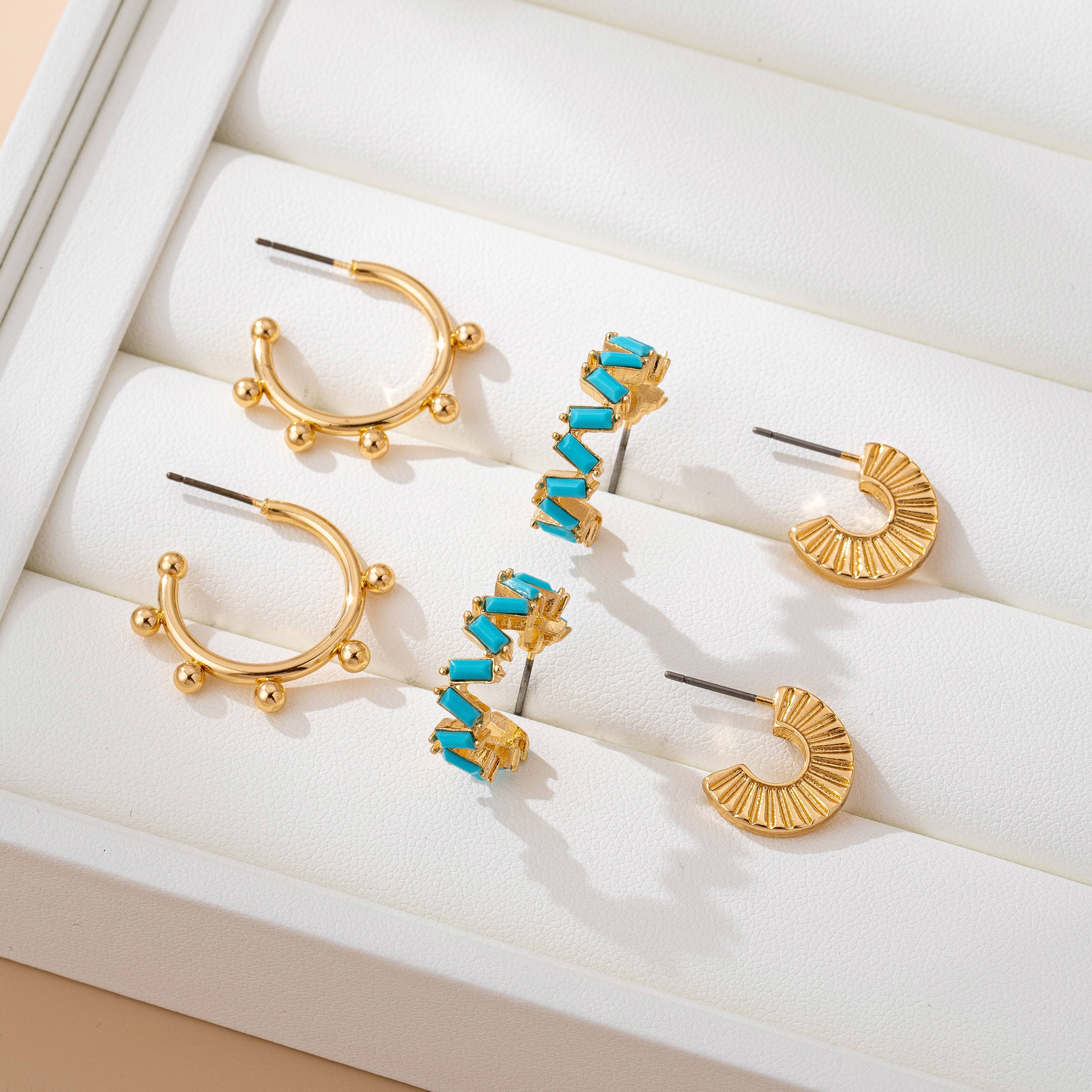 Gold Western inspired turquoise Enamel Hoop Trio Earring Set