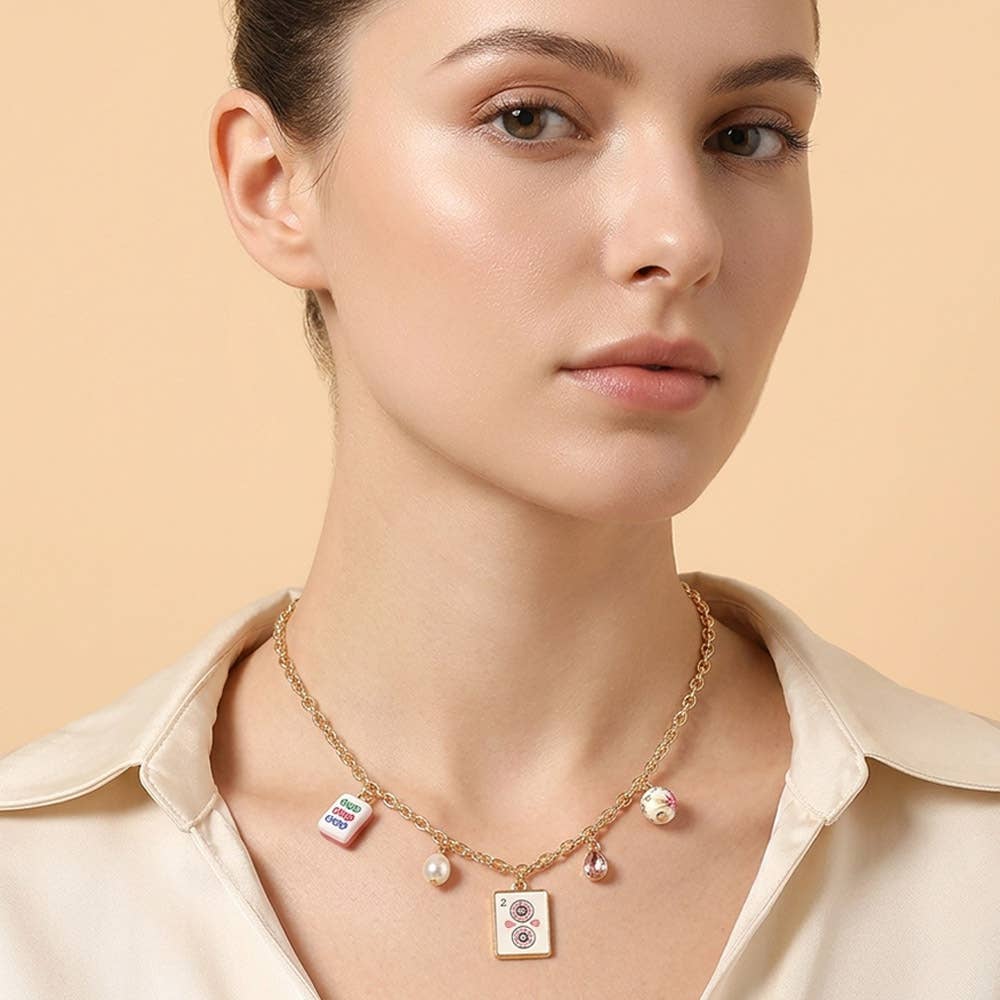 Mahjong Tile Pearl Stone Charm Necklace
