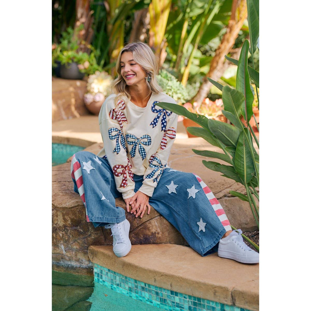 VINTAGE WASHED AMERICAN FLAG STAR CHAMBRAY PANTS