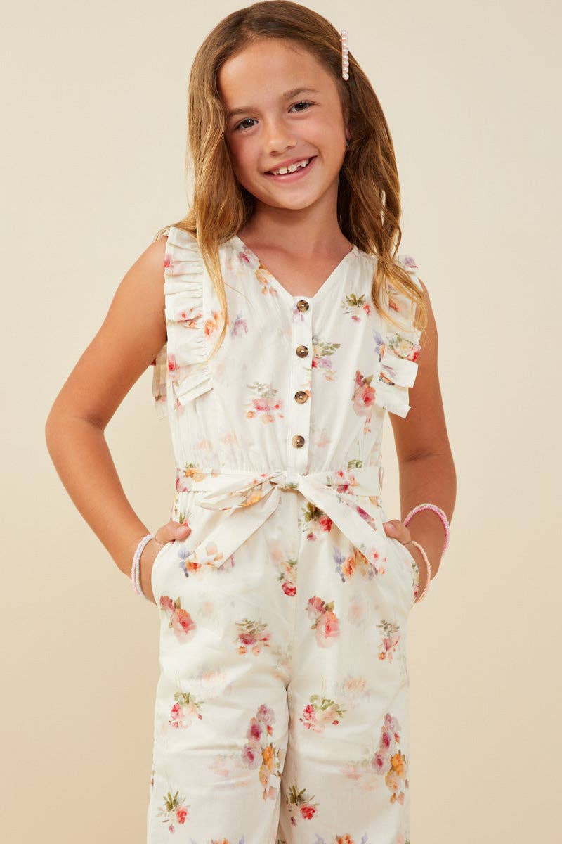 Girls Romantic Floral Belted Sleeveless Jumpsuit