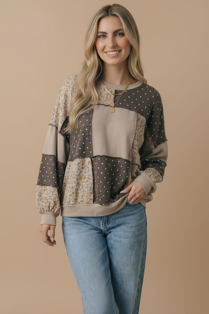 Round Neck Mixed Print Patchwork Pullover