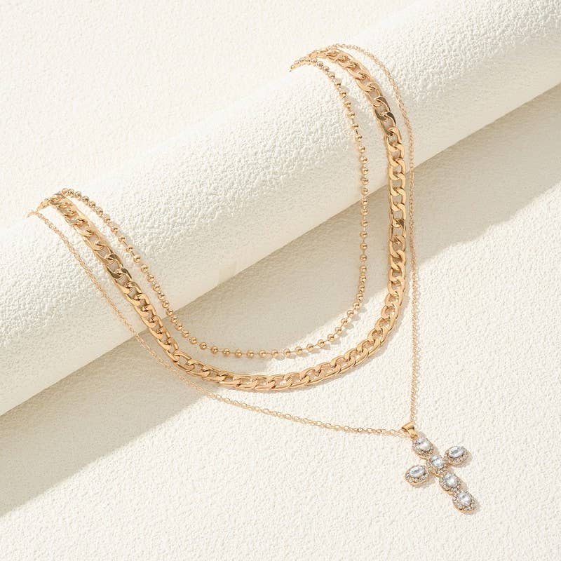 RHINESTONE CROSS MULTI LAYER NECKLACE