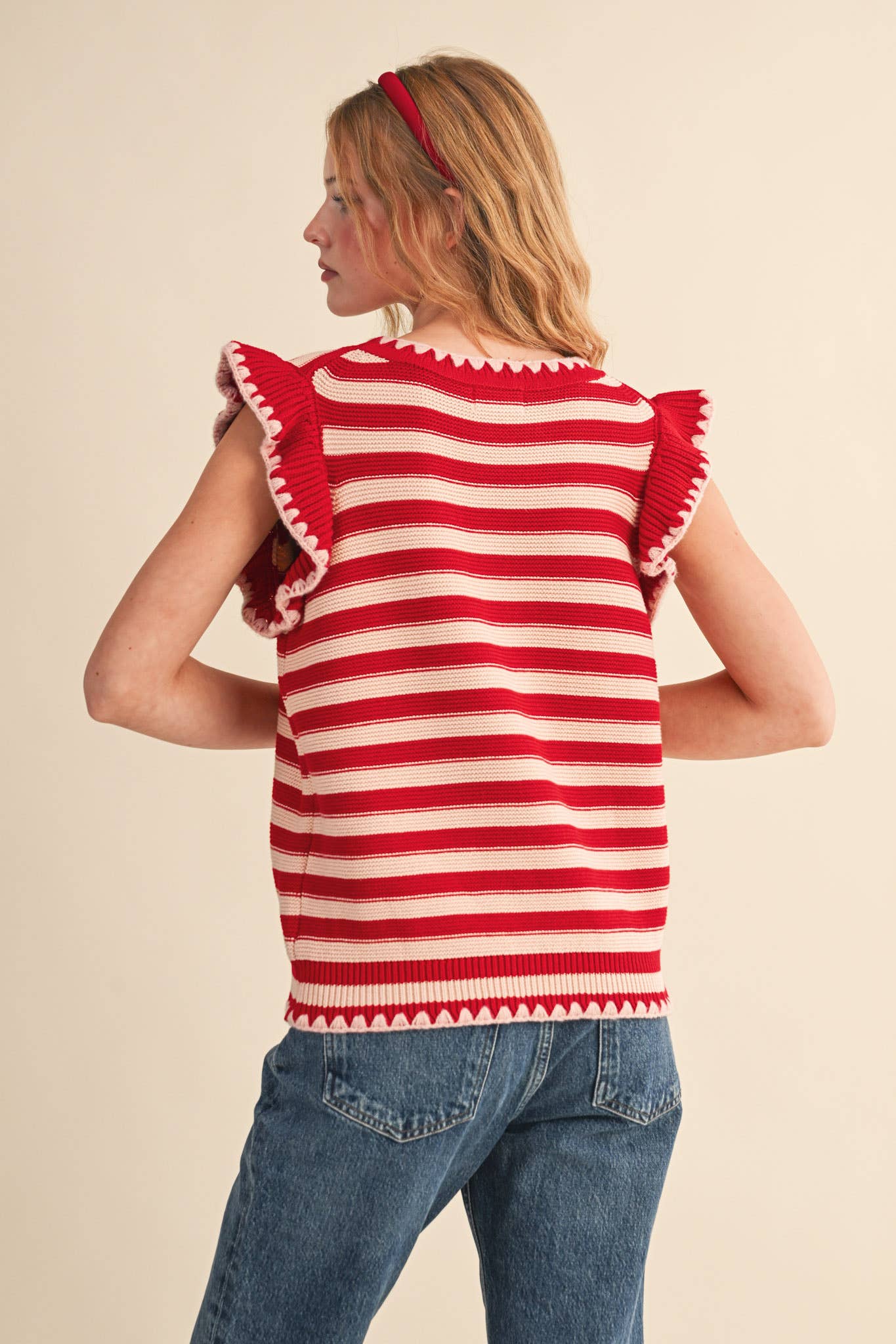 STRIPED FLUTTER SLEEVE SWEATER TOP