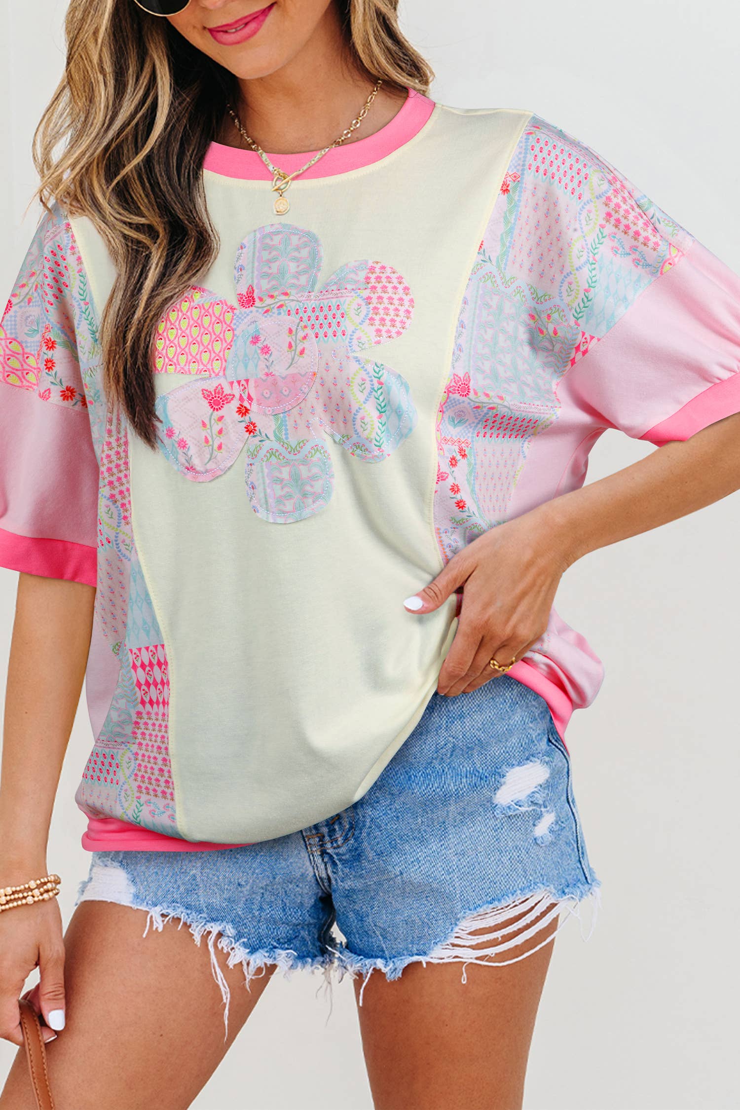 Floral Patchwork Round Neck Short Sleeve T-Shirts