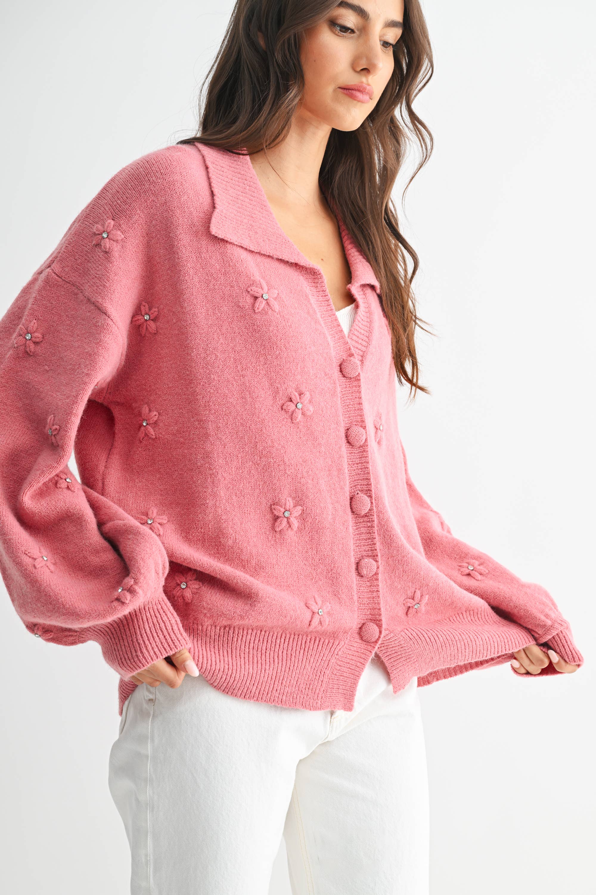 COZY PASTEL CARDGIAN WITH FLORAL EMBELLISHMENTS