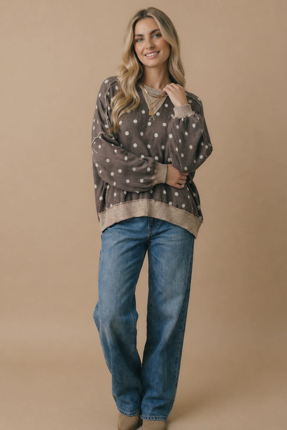 Crew Neck Polka Dot Reverse Stitch Pullover