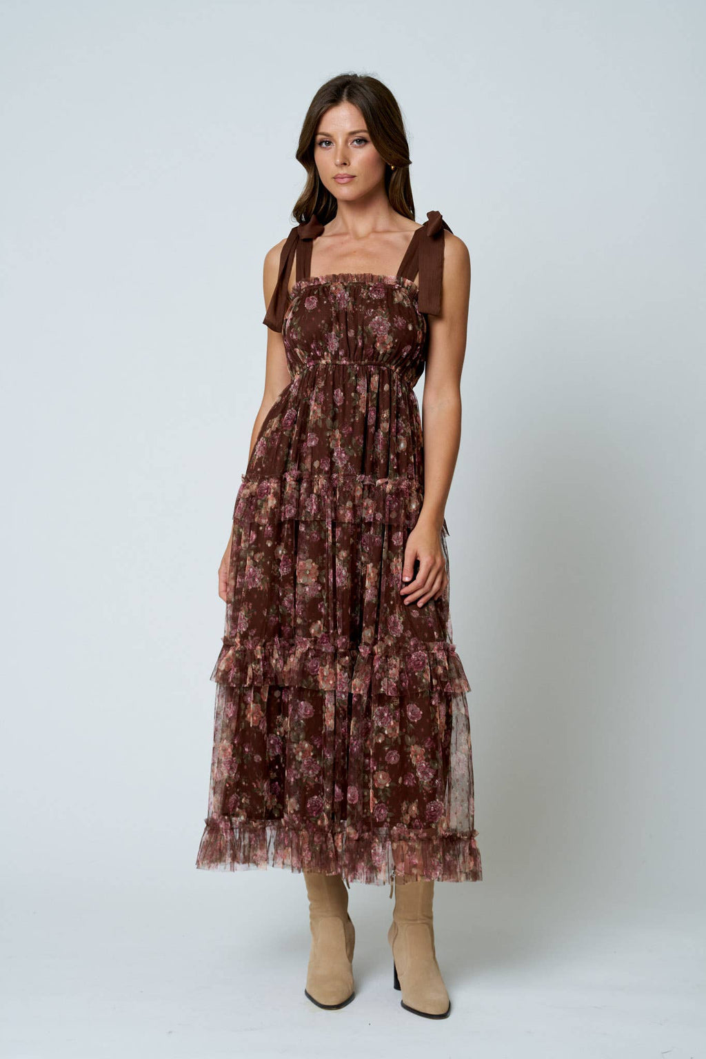 FLORAL CHIFFON TIE STRAP RUFFLED TIERED MIDI DRESS
