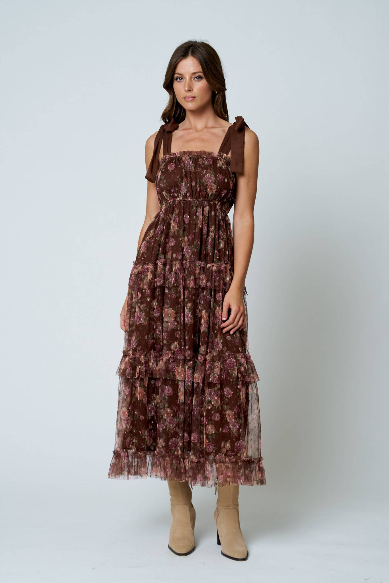FLORAL CHIFFON TIE STRAP RUFFLED TIERED MIDI DRESS