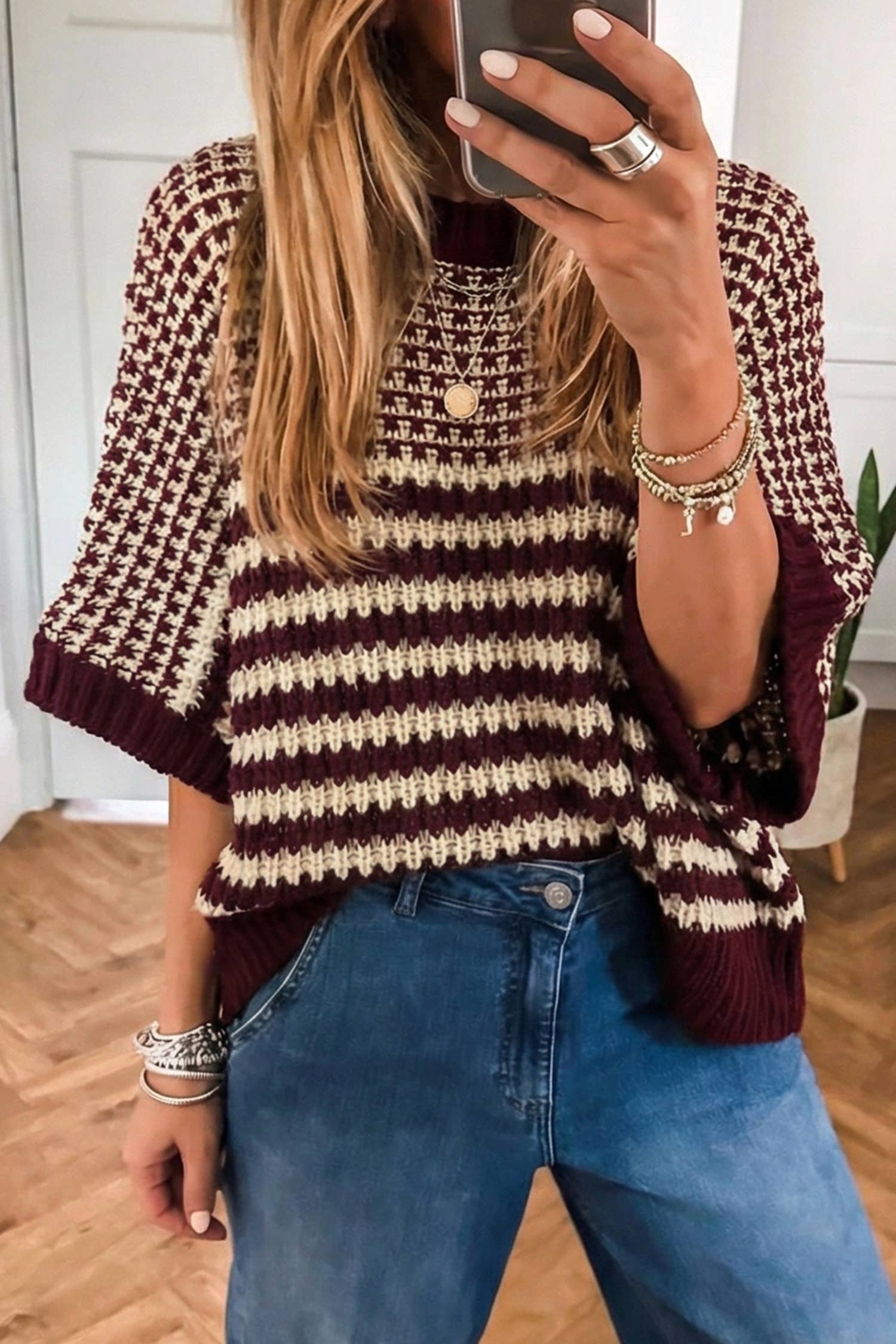 Spring 2026 Stripe 3/4 Draped Sleeve Slouchy Sweater