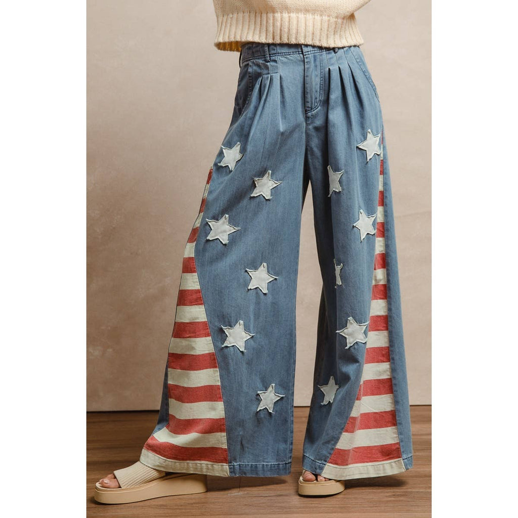 VINTAGE WASHED AMERICAN FLAG STAR CHAMBRAY PANTS