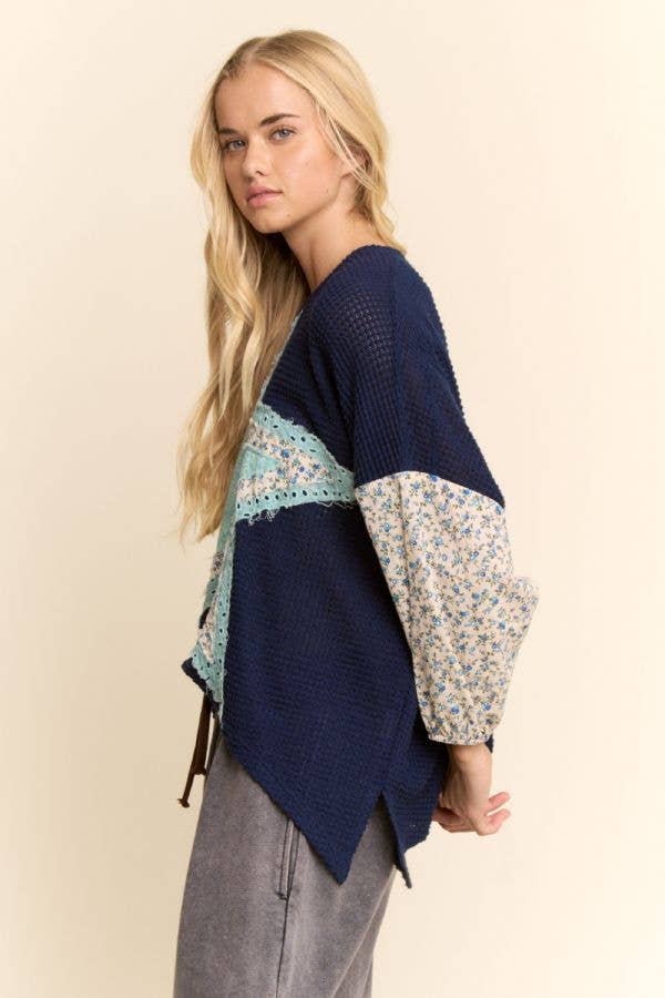 MULTI STAR PATCHWORK DITSY SLEEVE WAFFLE KNIT TOP