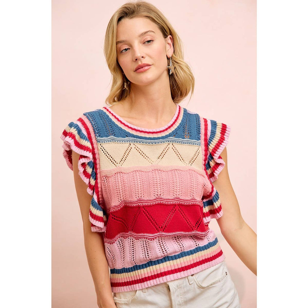 4TH OF JULY THEME MULTI COLORS RUFFLED SLEEVES TOP