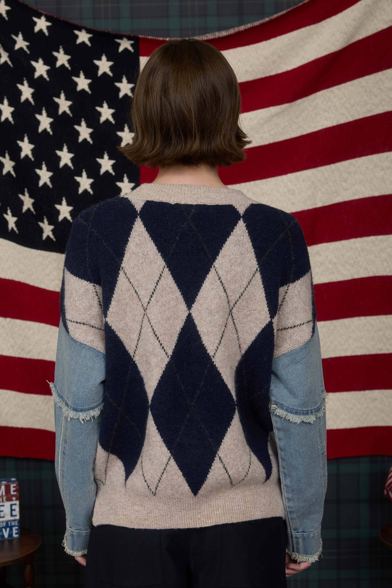 ARGYLE DISTRESSED DENIM SLEEVE KNIT SWEATER