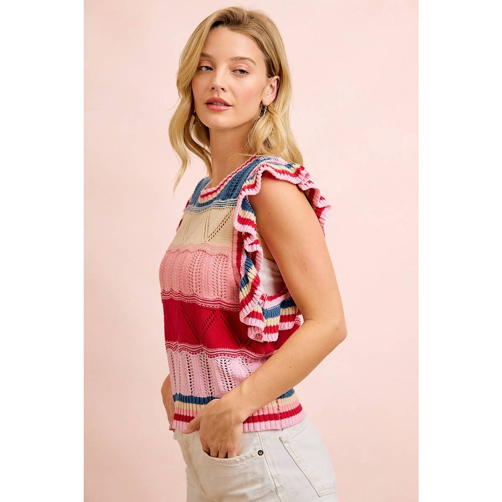 4TH OF JULY THEME MULTI COLORS RUFFLED SLEEVES TOP