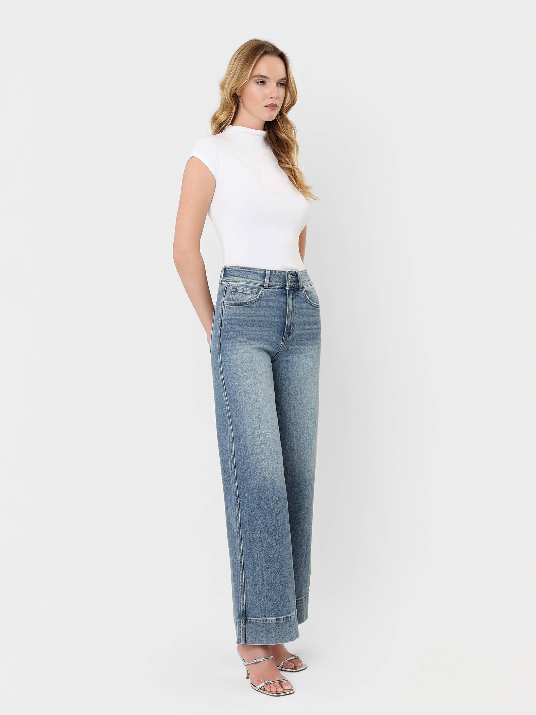SUPER HIGH RISE HALF YOKE TROUSER HEM WIDE JEANS