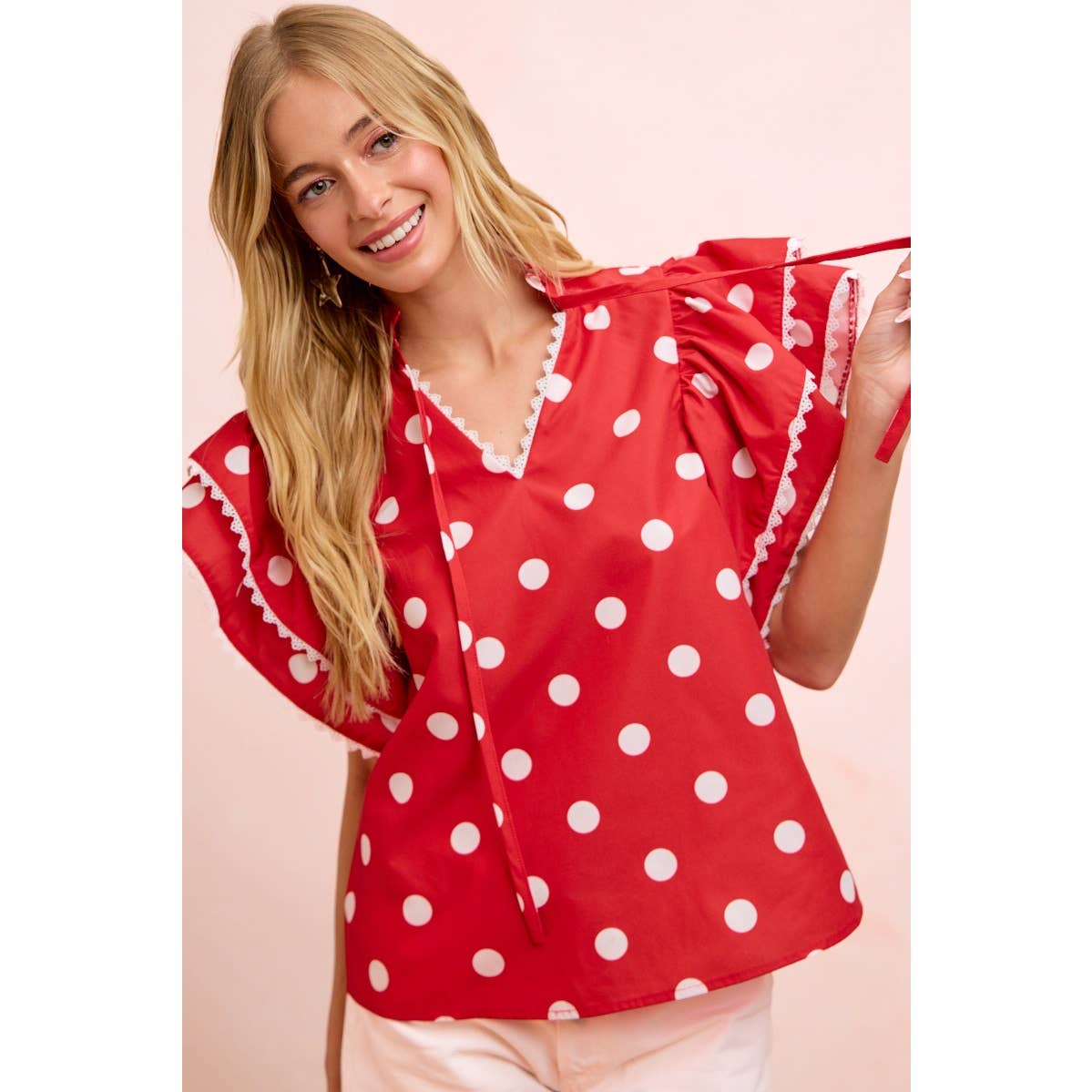 POLKA DOT PRINTED RUFFLE TRIM EDGE BLOUSE TOP