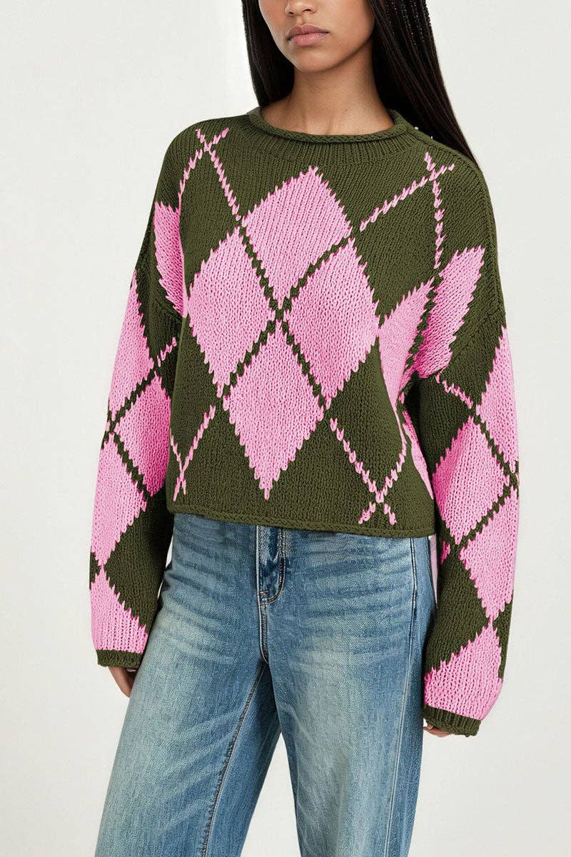 Argyle Knit Crew Neck Sweater