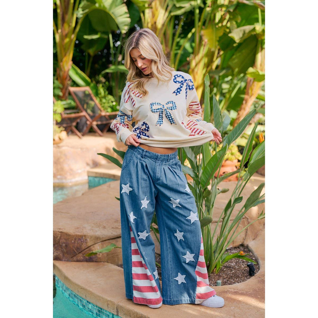 VINTAGE WASHED AMERICAN FLAG STAR CHAMBRAY PANTS