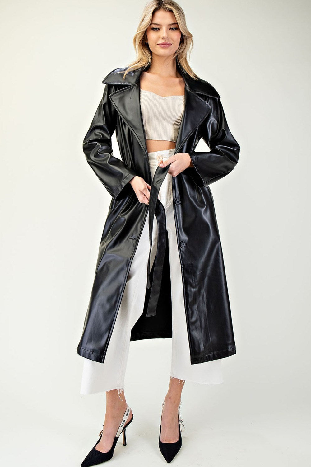 LEATHER BUTTON DOWN MIDI JACKET