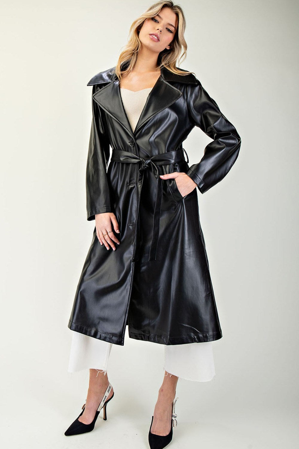 LEATHER BUTTON DOWN MIDI JACKET