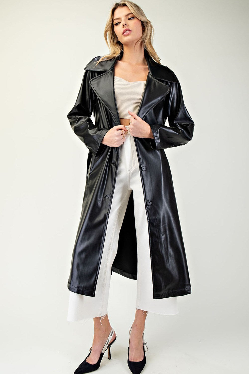 LEATHER BUTTON DOWN MIDI JACKET