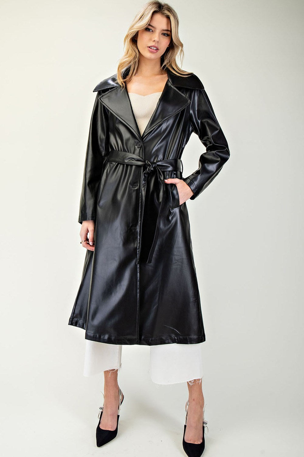 LEATHER BUTTON DOWN MIDI JACKET