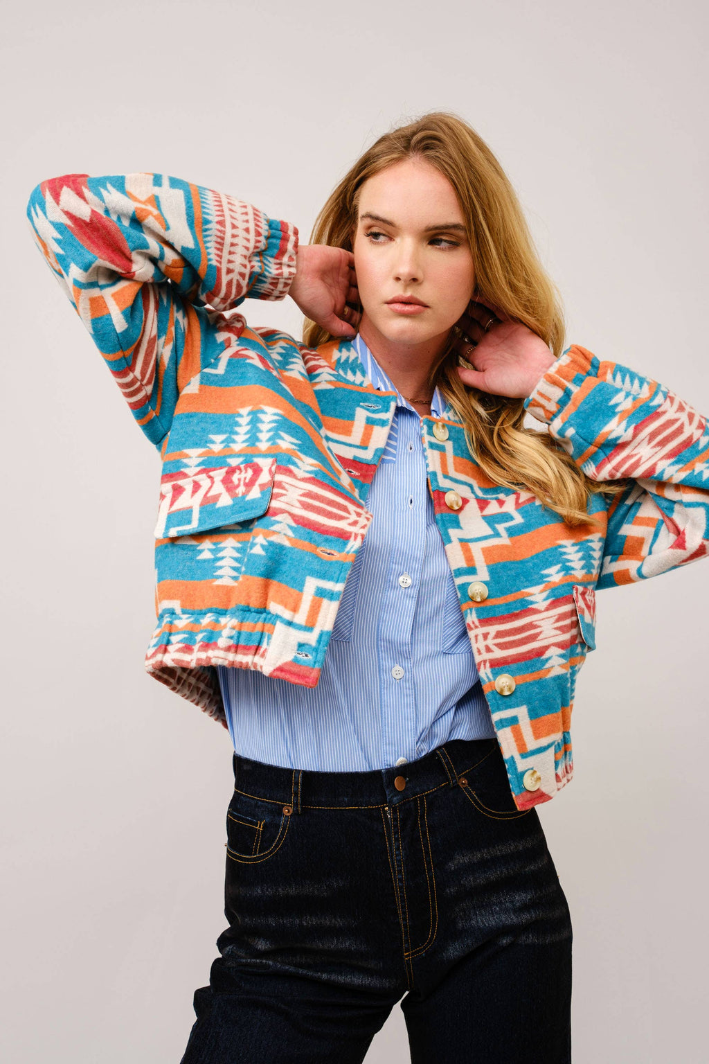 Jacquard Aztec Snap Up Bomber Jacket