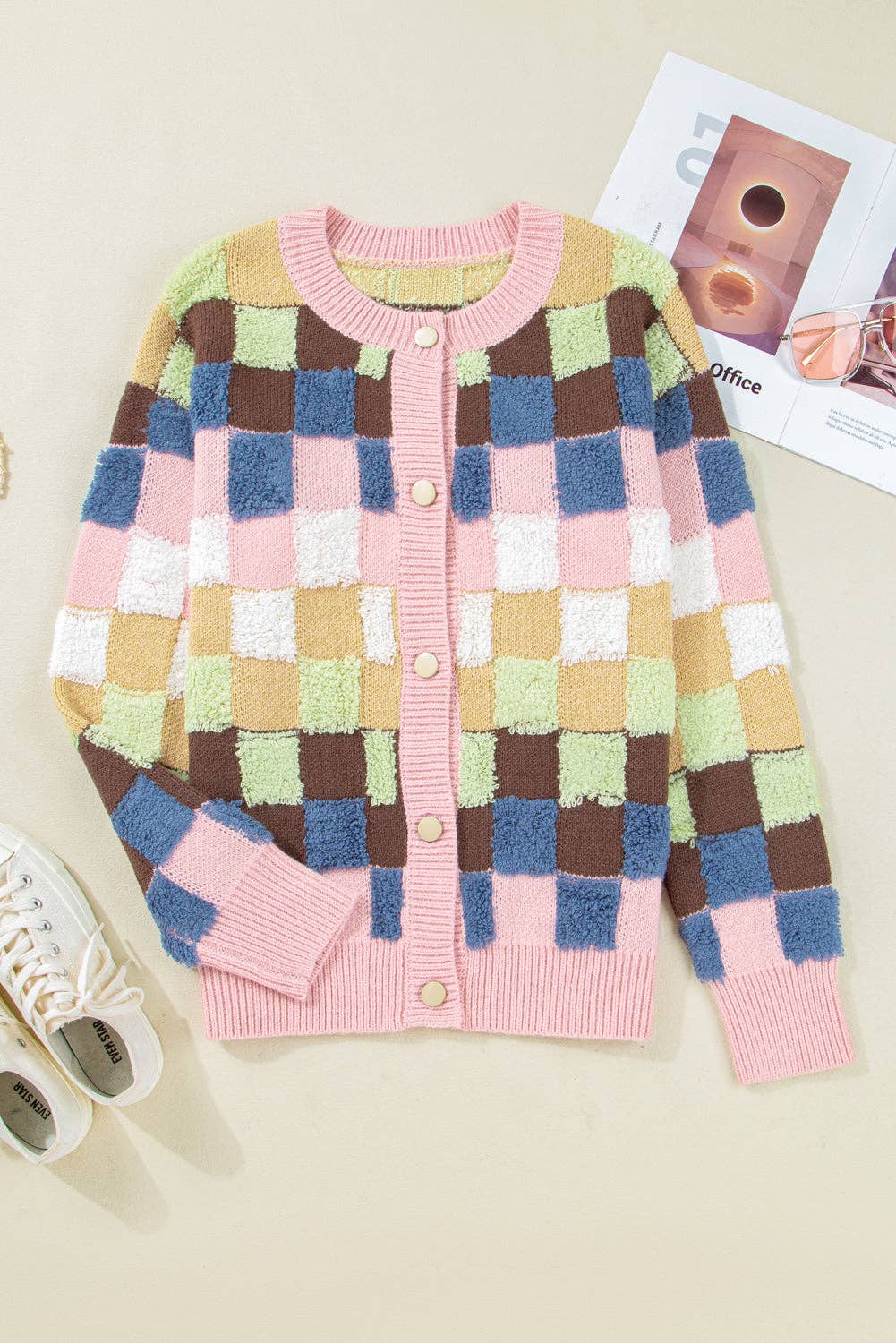 Multicolour Plush Checkered Pattern Button Front Cardigan Sweater