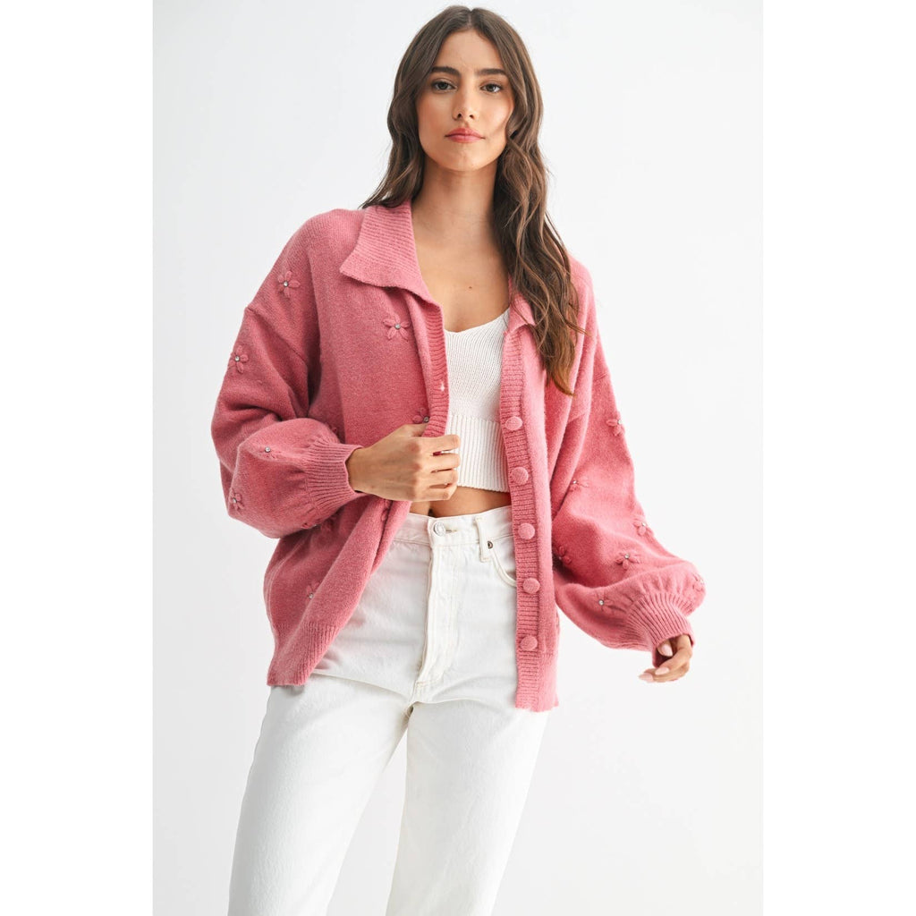 COZY PASTEL CARDGIAN WITH FLORAL EMBELLISHMENTS
