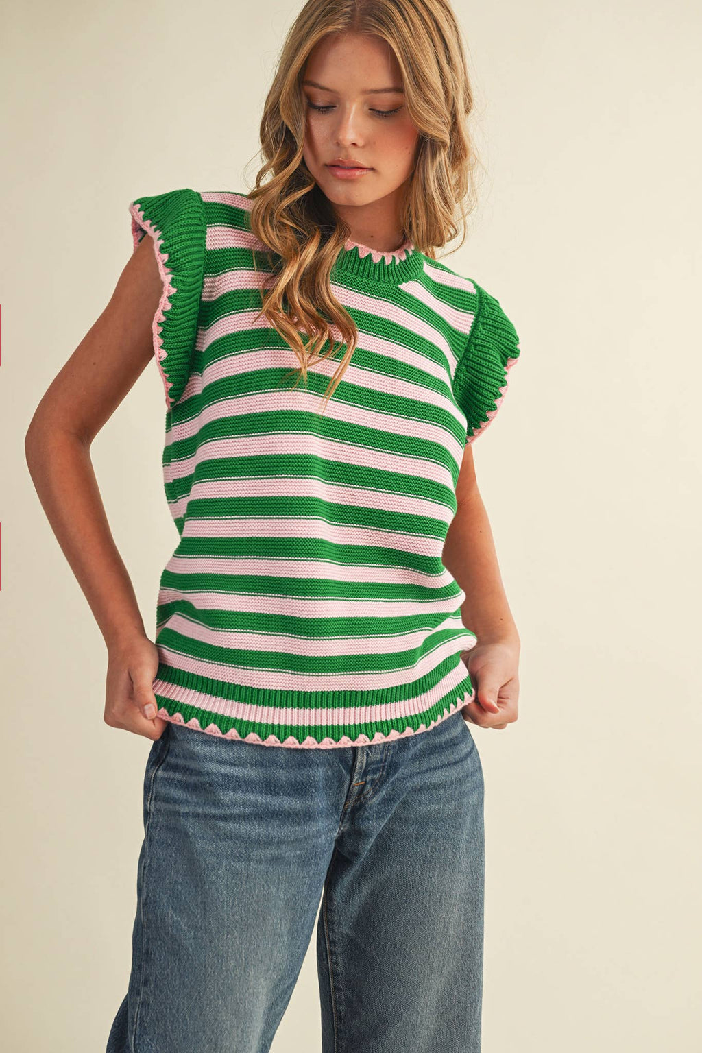 STRIPED FLUTTER SLEEVE SWEATER TOP