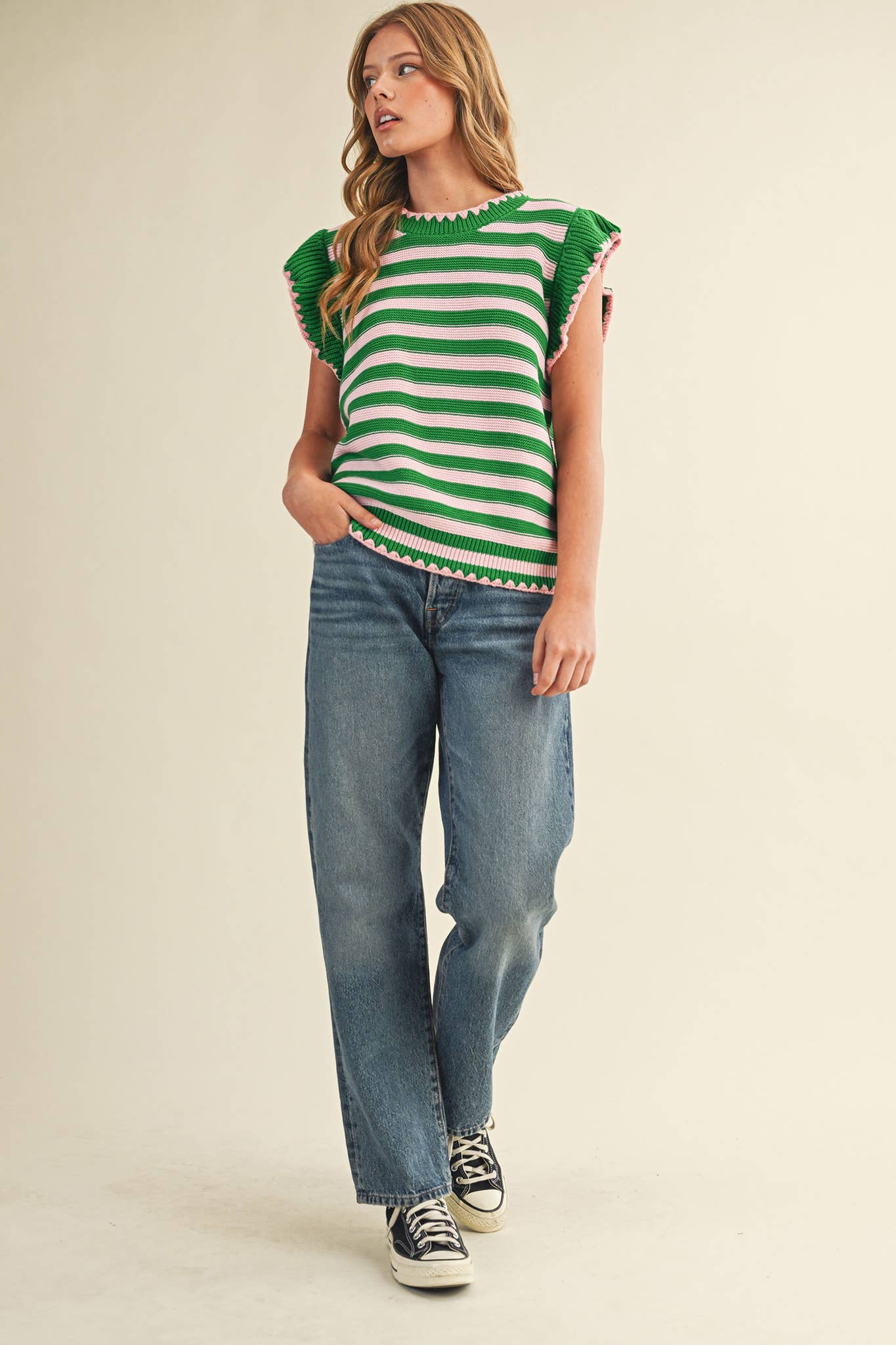 STRIPED FLUTTER SLEEVE SWEATER TOP