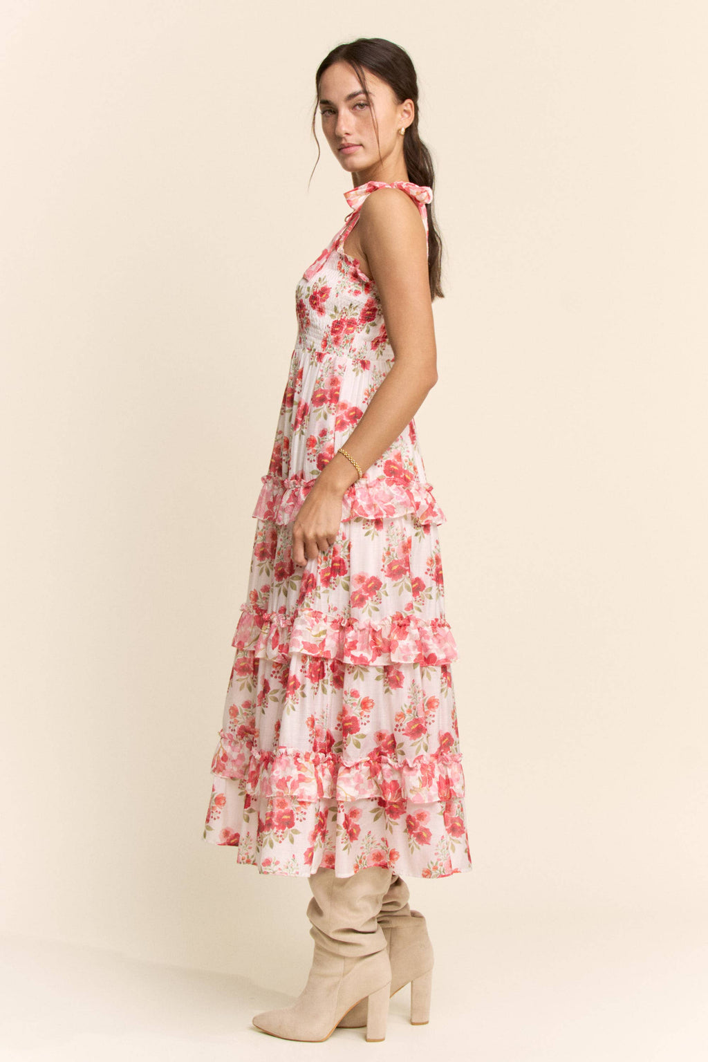 GARDEN FLORAL RUFFLE SMOCK SHOULDER MIDI DRESS