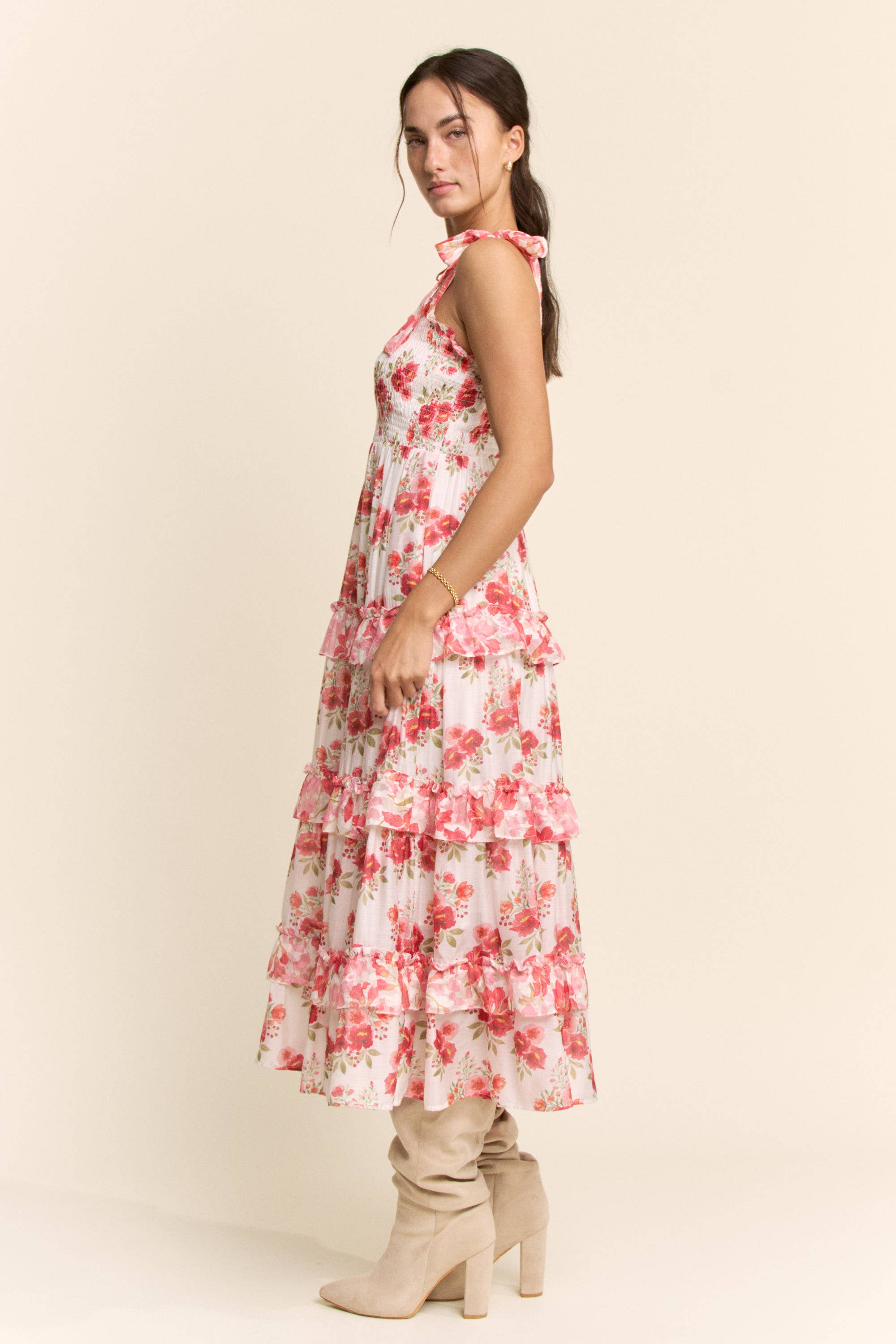 GARDEN FLORAL RUFFLE SMOCK SHOULDER MIDI DRESS