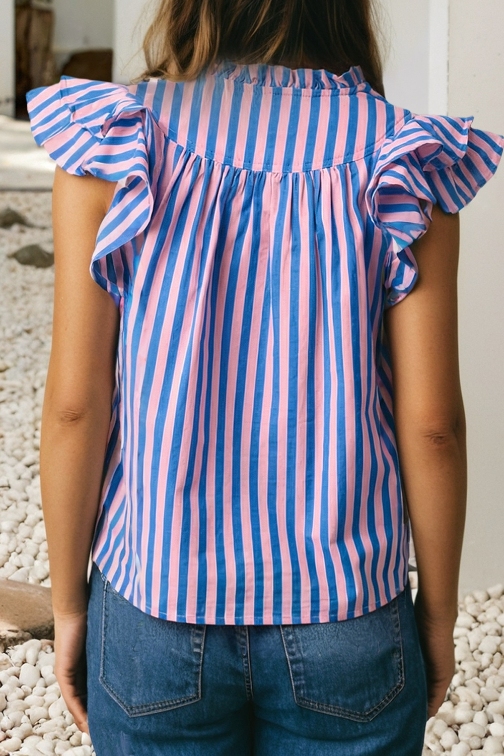LDC Stripe Split Neck Ruffled Summer Blouse