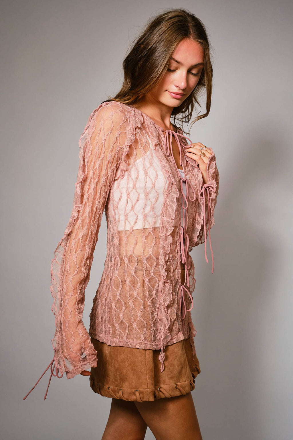 Sheer Ruffle Lace Tie Front Blouse