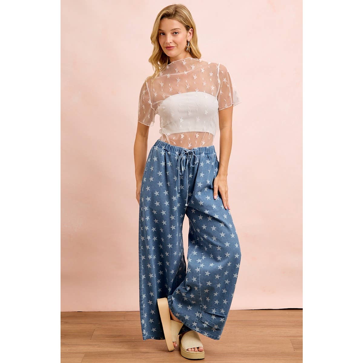 HIGH NECK LINE SHORT SLEEVES STAR MESH TOP