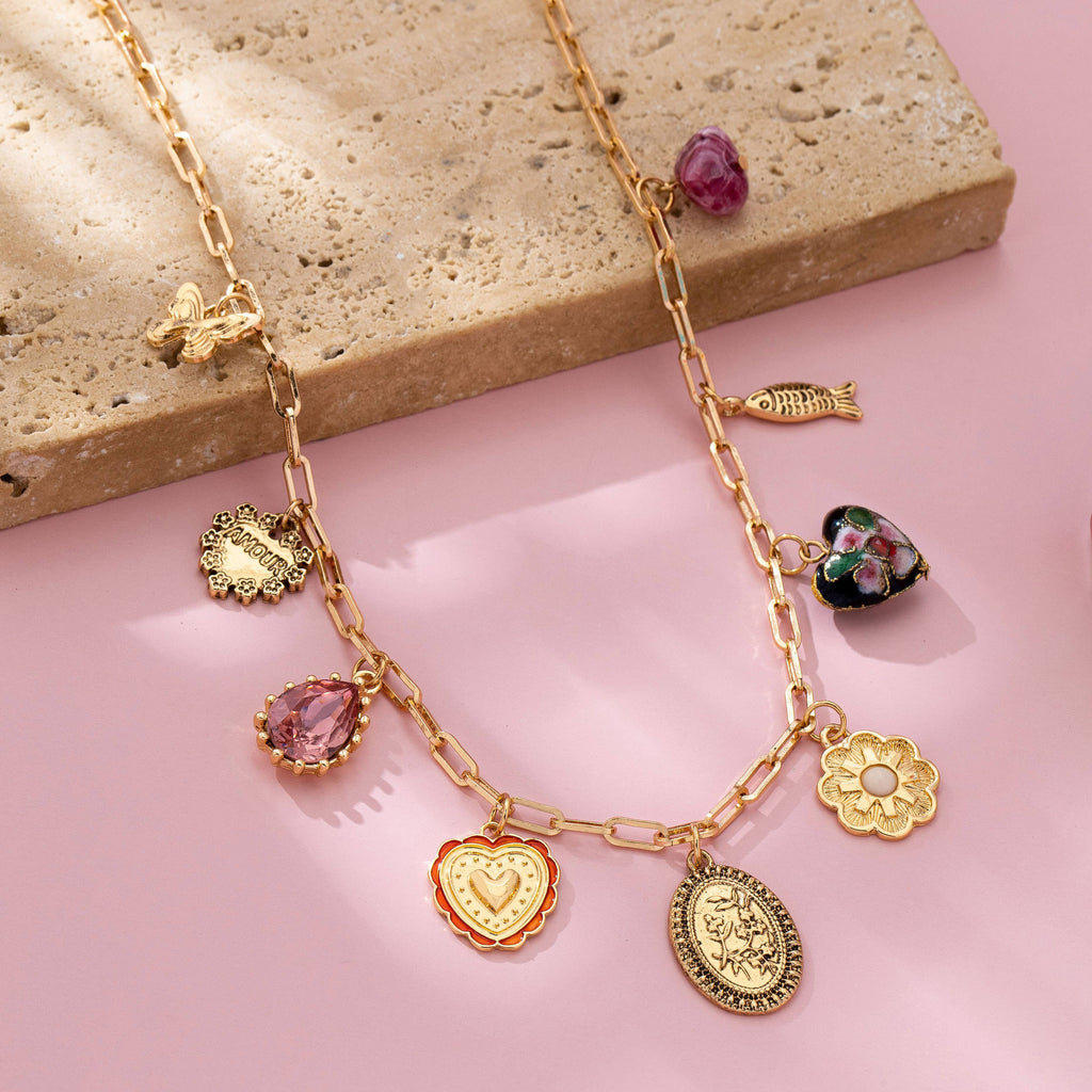 Heart Cloisonne Multi Charm Necklace