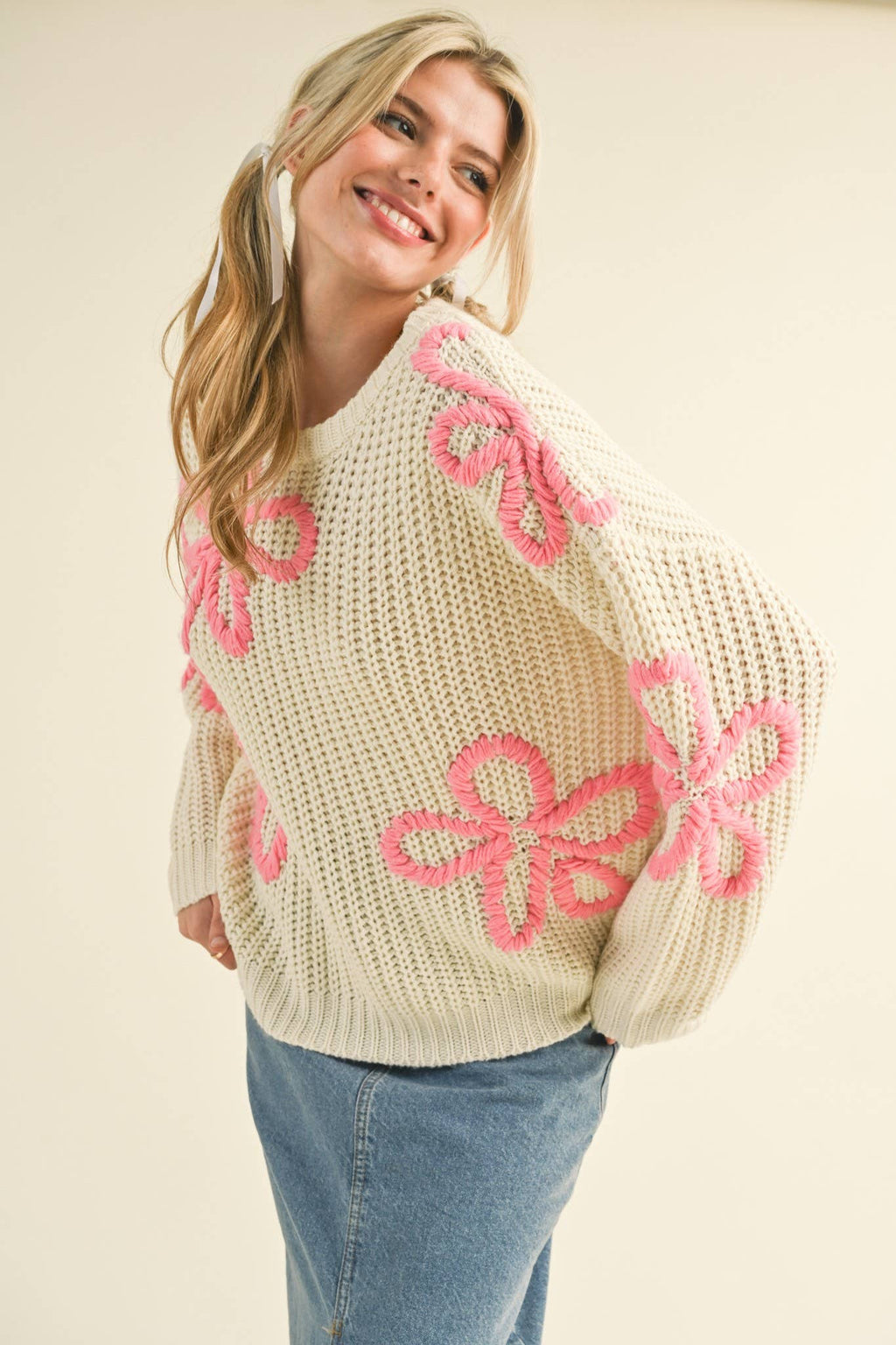 FLORAL CONTRAST STITCH PULLOVER SWEATER