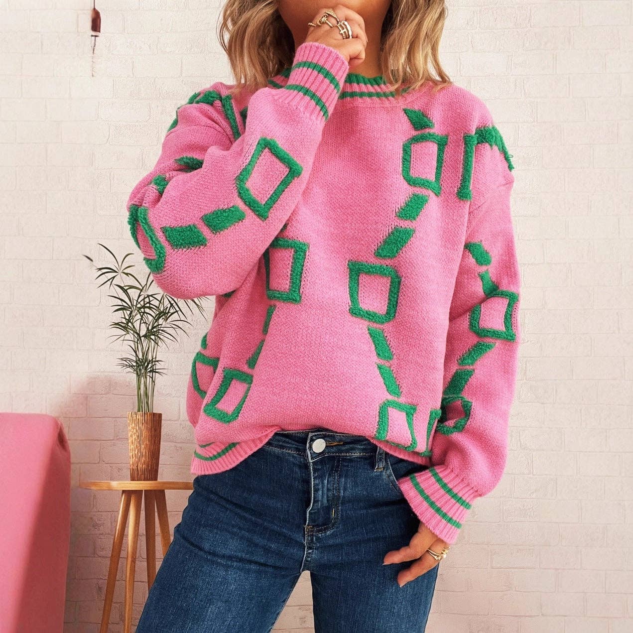 Women's Casual Embroidered Color Block Crewneck Sweater